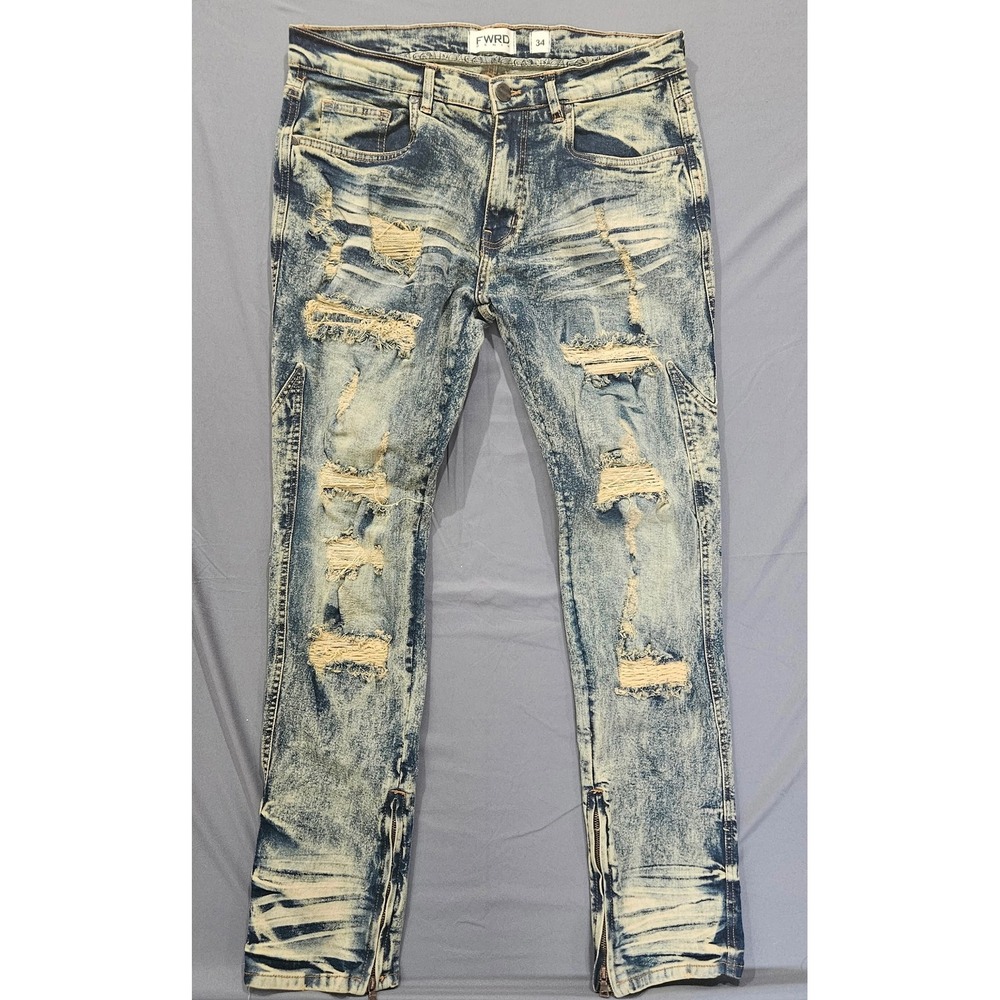 FWRD Denim Jeans Mens 34 Blue Excellent Acid Wash Distressed Zipper Ankle Slim